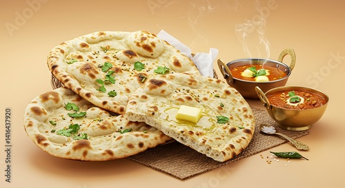 Exquisite Presentation of Indian Cuisine: Naan Bread and Traditional Curries