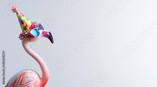A flamingo wearing a party hat, colorful sunglasses, and a flower necklace, looking up, in front of a light background, balanced composition with ample copy space for text