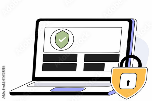 Safe Login Verification Illustration, Flat vector of a laptop with secure login UI and green check shield, symbolizing 2FA or account protection.
