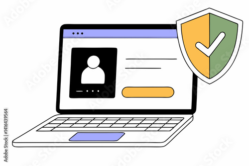 Safe Login Verification Illustration, Flat vector of a laptop with secure login UI and green check shield, symbolizing 2FA or account protection.
