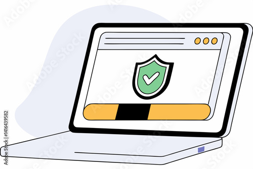 Safe Login Verification Illustration, Flat vector of a laptop with secure login UI and green check shield, symbolizing 2FA or account protection.