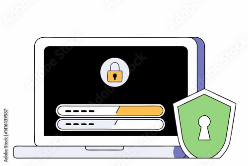 Safe Login Verification Illustration, Flat vector of a laptop with secure login UI and green check shield, symbolizing 2FA or account protection.