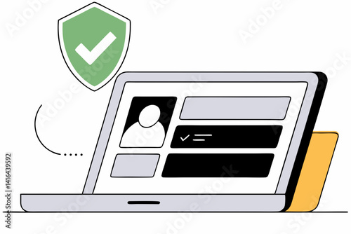 Safe Login Verification Illustration, Flat vector of a laptop with secure login UI and green check shield, symbolizing 2FA or account protection.