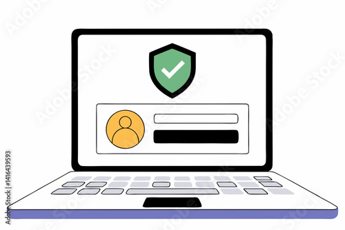 Safe Login Verification Illustration, Flat vector of a laptop with secure login UI and green check shield, symbolizing 2FA or account protection.