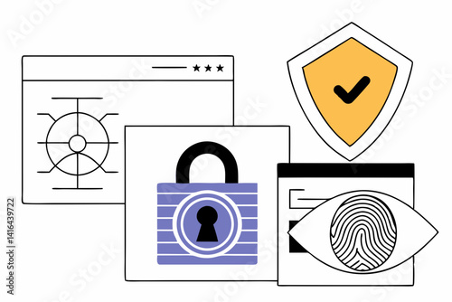Cybersecurity Tools Icon Pack, Clean flat icon set of cybersecurity tools including lock, scanner, fingerprint, ideal for apps and presentations.