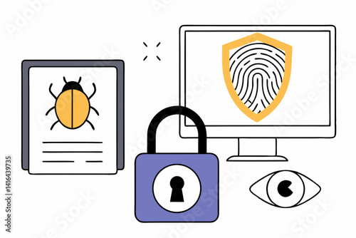 Cybersecurity Tools Icon Pack, Clean flat icon set of cybersecurity tools including lock, scanner, fingerprint, ideal for apps and presentations.