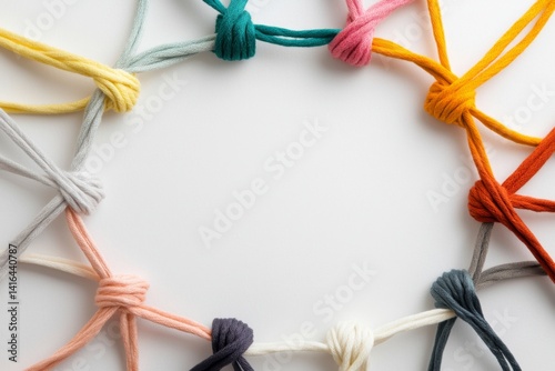 A network of colorful threads weaving together to form a stable connection, minimalistic style, neutral backdrop