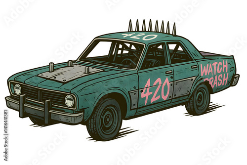 Türkises Derbyauto mit „Watch Crash“-Schriftzug, Spikes und Nummer 420