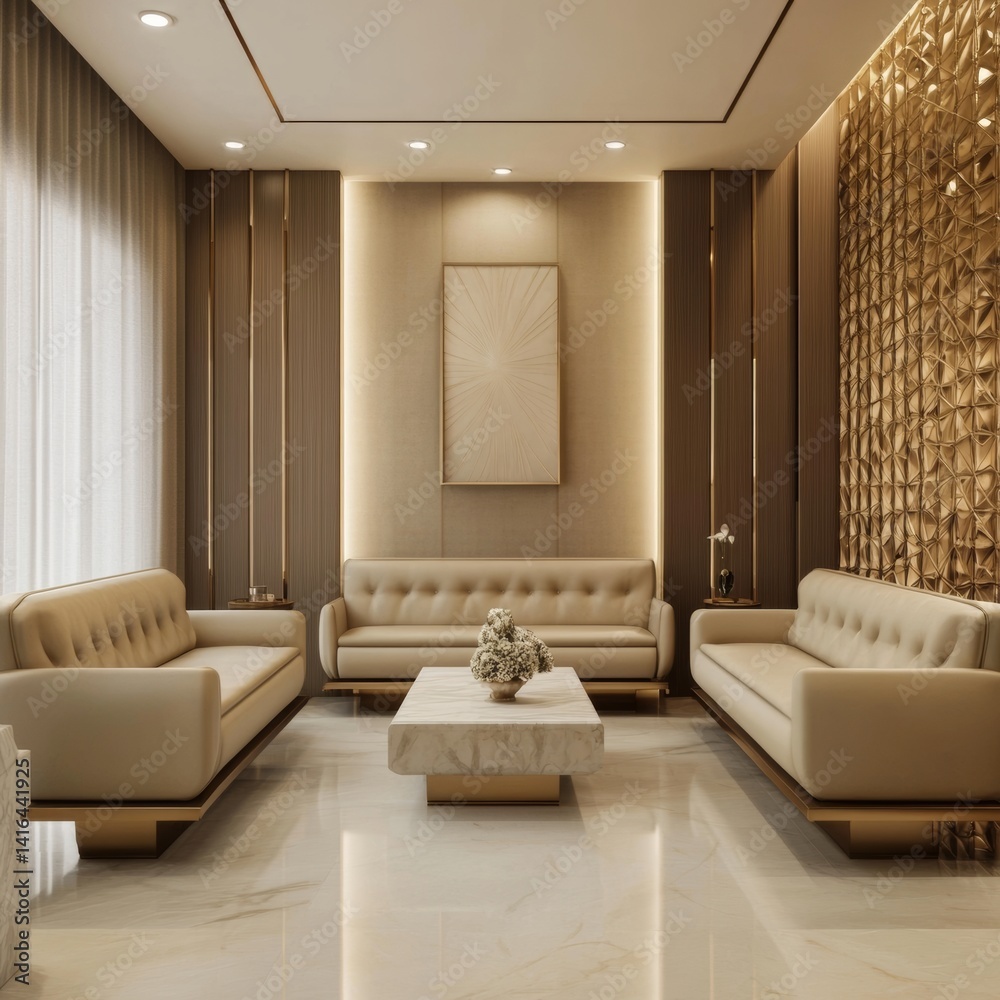 Fototapeta premium Modern Luxury Living Room with Beige Sofas and Gold Accents
