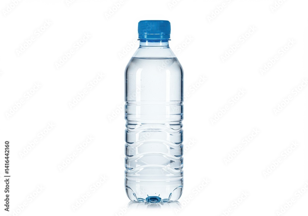 A clear plastic water bottle with a blue cap stands upright on a white background in a studio shot A clear plastic water bottle with a blue cap stands upright on a white background in a studio shot
