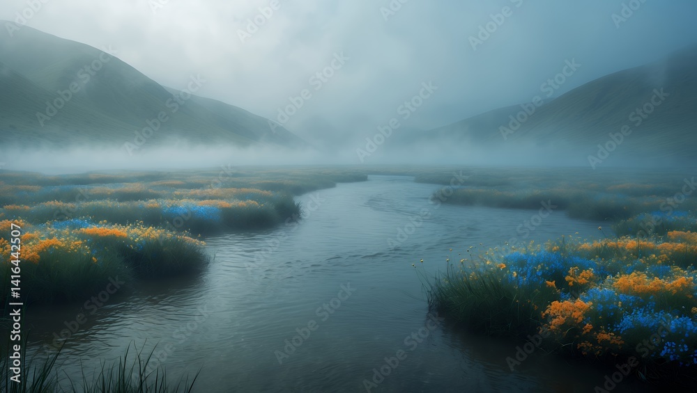 Obraz premium Misty Mountain Stream with Wildflowers Landscape