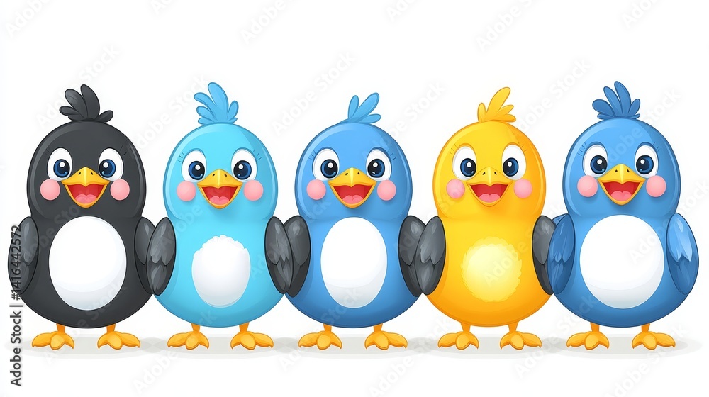 Fototapeta premium Cheerful pixelated cartoon birds lined up against a white background evoking a playful digital flock with vibrant feathers and cute expressions