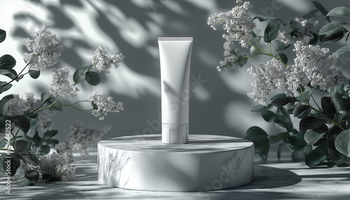 White Cosmetic Tube Mockup with Lilac Flowers on Marble Pedestal
