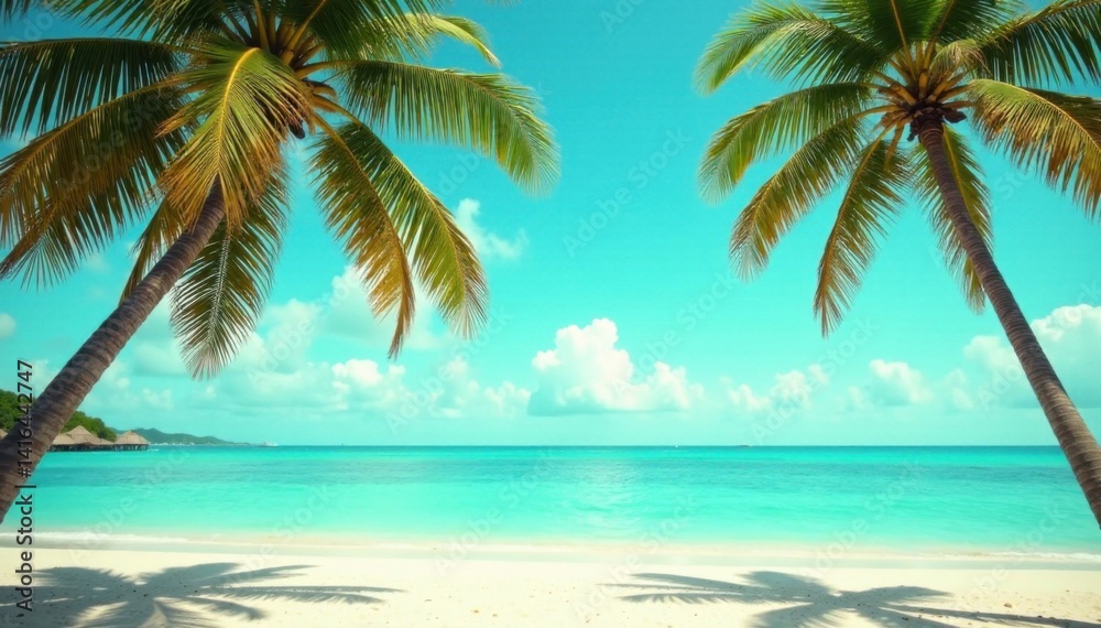 Obraz premium Vintage toned palm trees and beach in the background of turquoise ocean, palm, tropical, turquoise