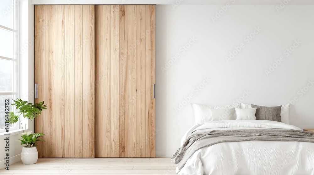 Modern wooden sliding door in minimalist bedroom interior