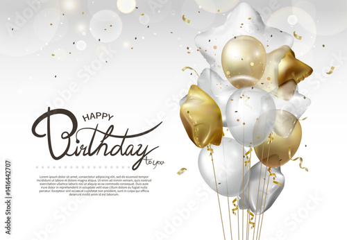 A birthday card featuring a string of star-shaped and round golden and white balloons