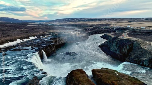 Wallpaper Mural Aerial view tilting over the Godafoss waterfall, spring evening in Iceland Torontodigital.ca