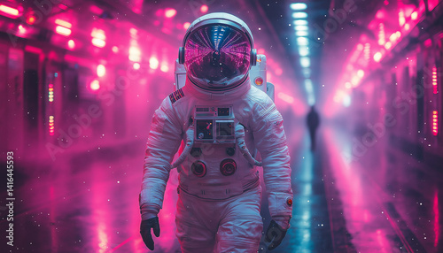 Astronaut Walking Through Neon-Lit Futuristic Cityscape