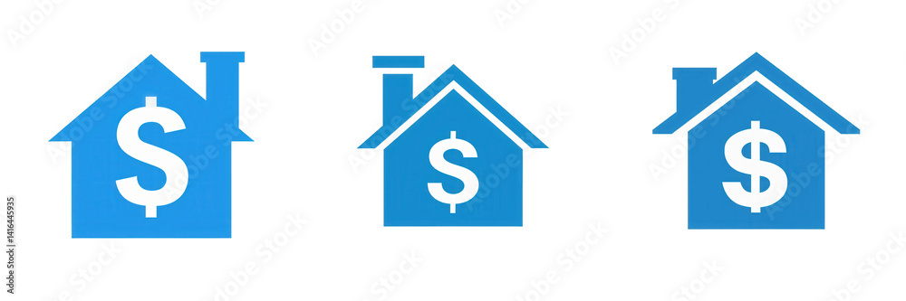 Three stylized blue house icons with dollar signs, representing real estate investment, financial growth, and housing market trends isolated on white or transparent png Three stylized blue house icons with dollar signs, representing real estate investment, financial growth, and housing market trends isolated on white or transparent png