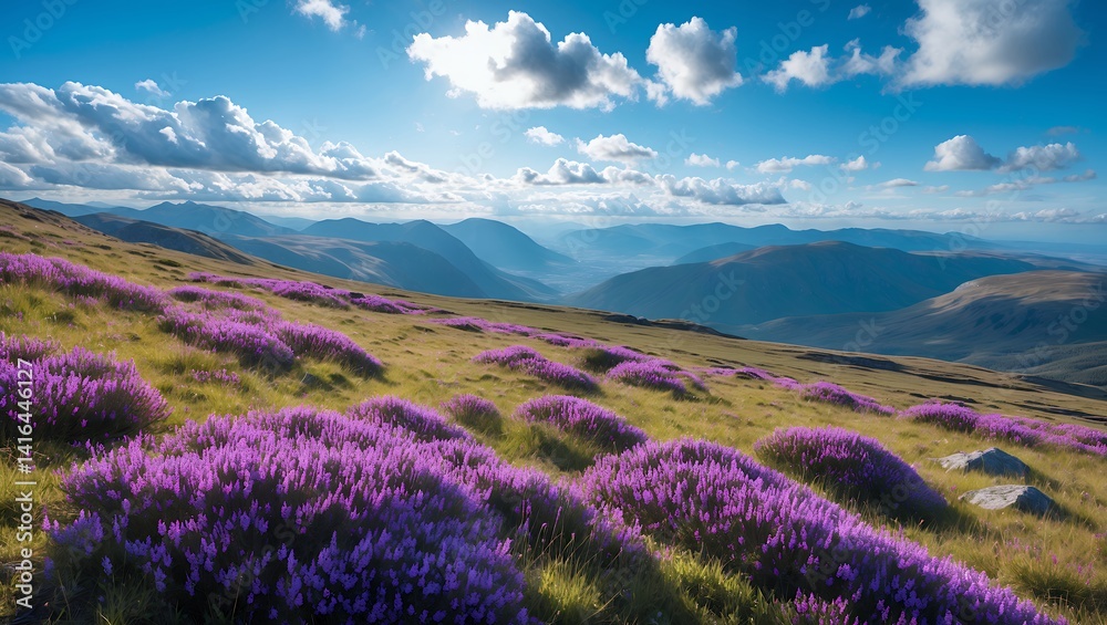 Fototapeta premium Purple Flower Field in Mountain Landscape