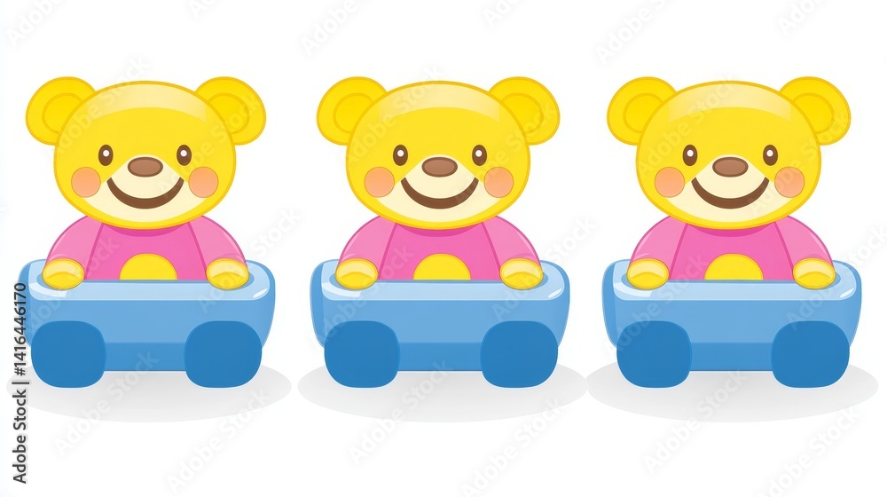 Three cute yellow cartoon bears in blue toy car design conveying a joyful playful theme perfect for children's illustration and design project Three cute yellow cartoon bears in blue toy car design conveying a joyful playful theme perfect for children's illustration and design project