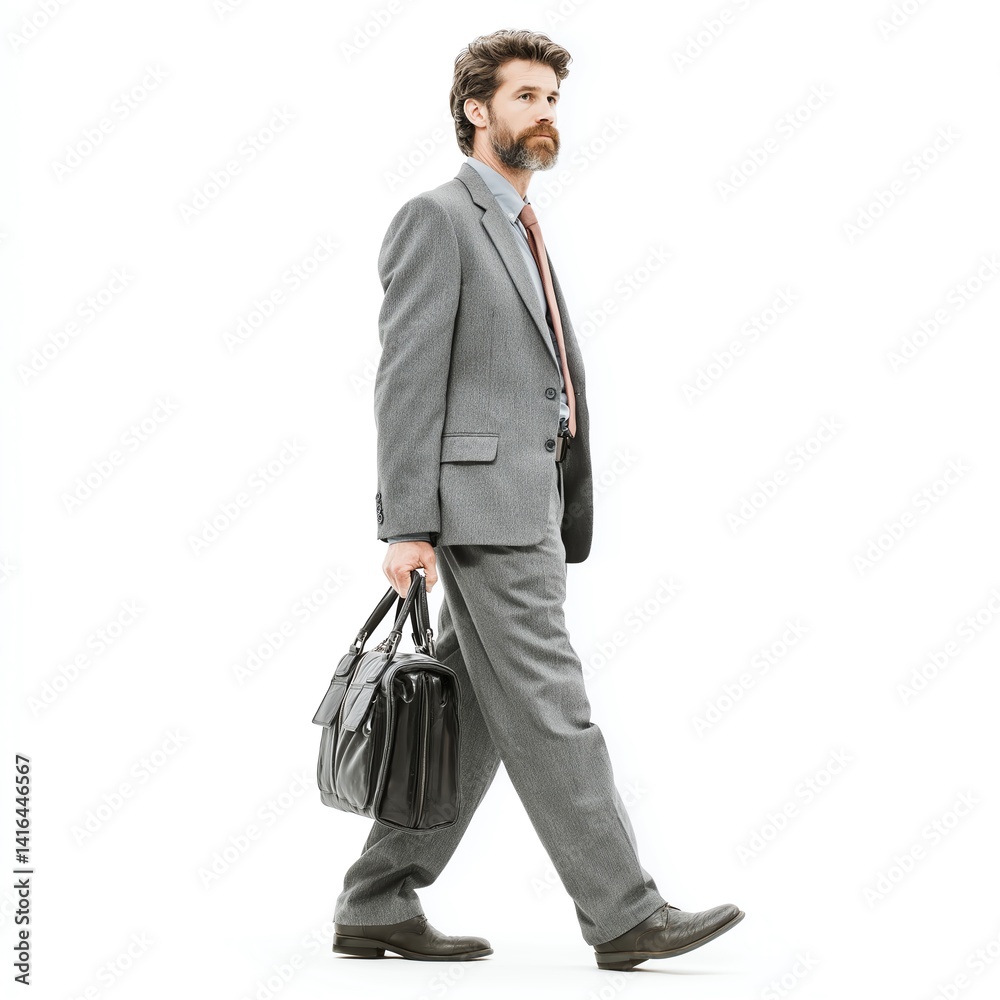A confident man in a suit walks elegantly, holding a briefcase. He exudes professionalism and determination, ideal for business-related themes and corporate imagery.