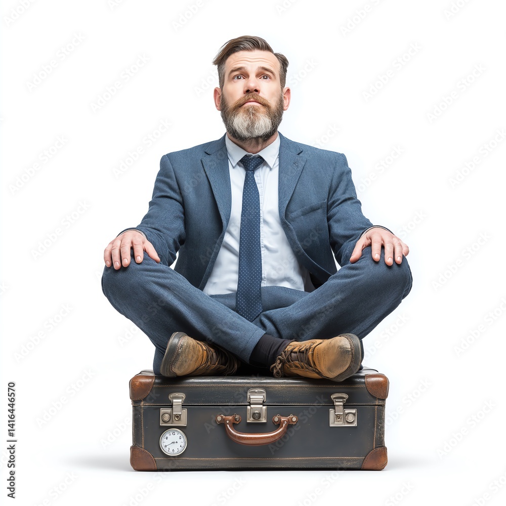A confident businessman sits cross-legged on a vintage suitcase, embodying creativity and tranquility. His calm demeanor showcases a modern approach to work and life balance.