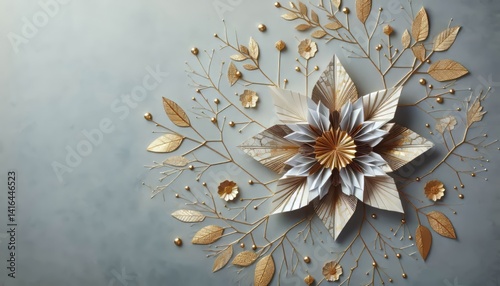 Origami paper with fold creases slight ink transfer and gold lea