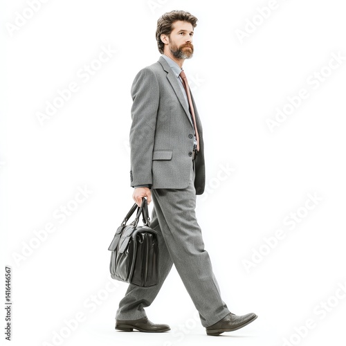 Obraz na płótnie A confident man in a suit walks elegantly, holding a briefcase. He exudes professionalism and determination, ideal for business-related themes and corporate imagery. w salonie