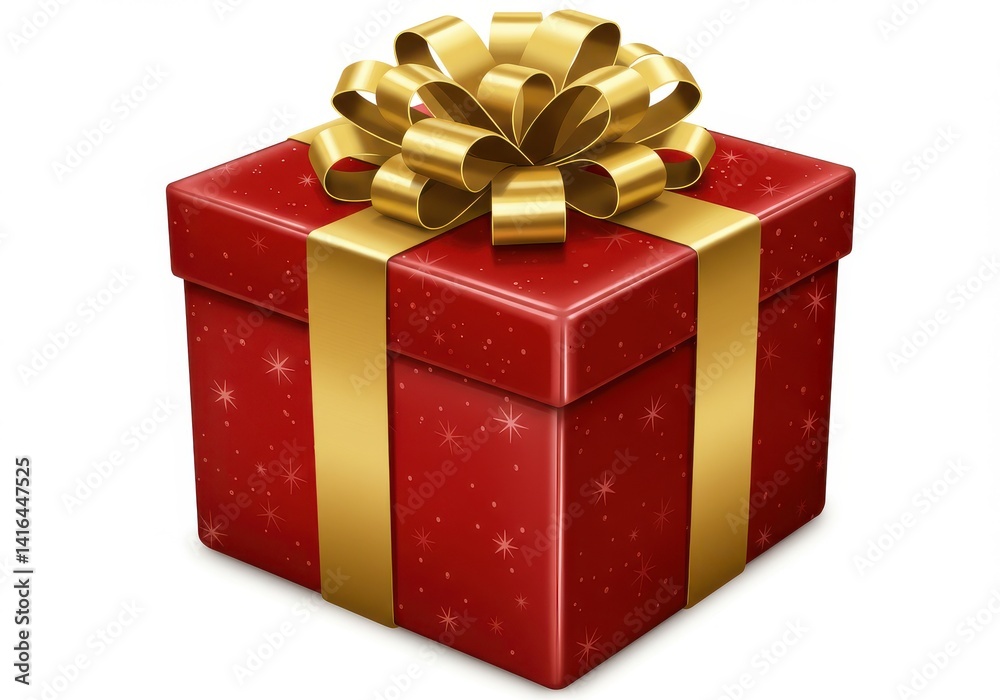 Fototapeta premium A red gift box with gold ribbon and bow on a white background in a studio shot with stars pattern