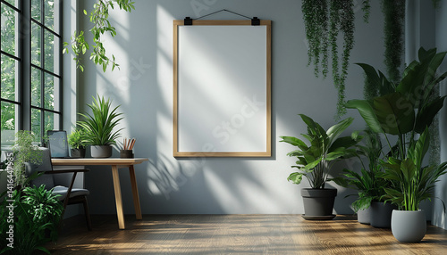 Modern Home Office with Blank Poster Mockup, Sunlit Plants, and Minimalist Desk