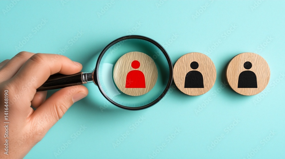 A hand holding a magnifying glass over a red figure among black figures, symbolizing the search for talent or unique individuals in a competitive environment.