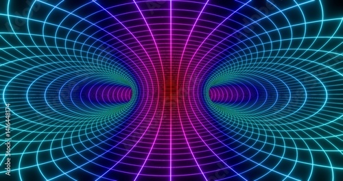 Fototapeta Naklejka Na Ścianę i Meble -  Futuristic glowing bright lines background. Shining curve neon rays in multicolor. Panoramic inside torus. 3D rendering.
