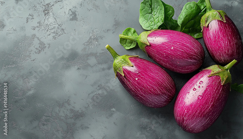 Fresh Purple Eggplants with Spinach Leaves on Gray Textured Background