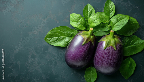 Two Fresh Eggplants with Lush Green Leaves on Dark Background - Vegan Food Photography