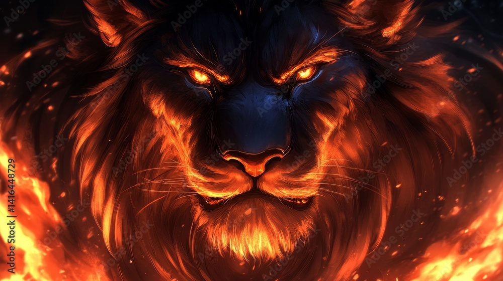 Naklejka premium Fiery lion head artwork, burning mane and glowing eyes, digital rendering of a powerful, blazing king, mythical beast of inferno and dark