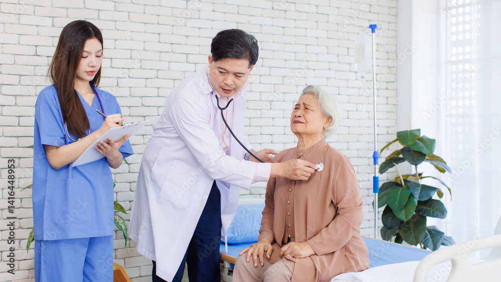 Asian senior woman sit on bed while consulting with doctor and caring nurse checking in hospital, Healthcare elderly patient and medical professional support muscle injury consultation wellness being.