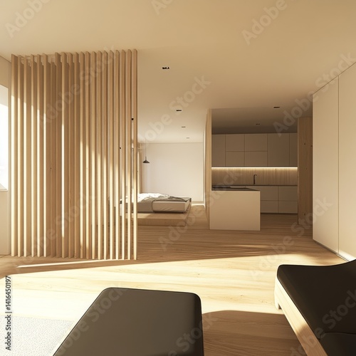 Modern minimalist apartment interior with wooden slat partition and kitchen area