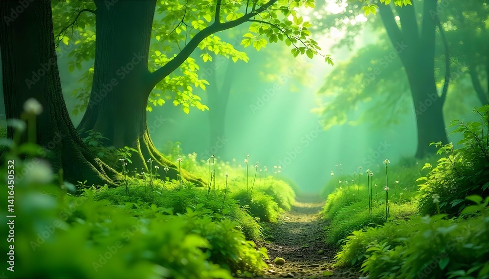 Fototapeta premium A path through a green forest with sunlight