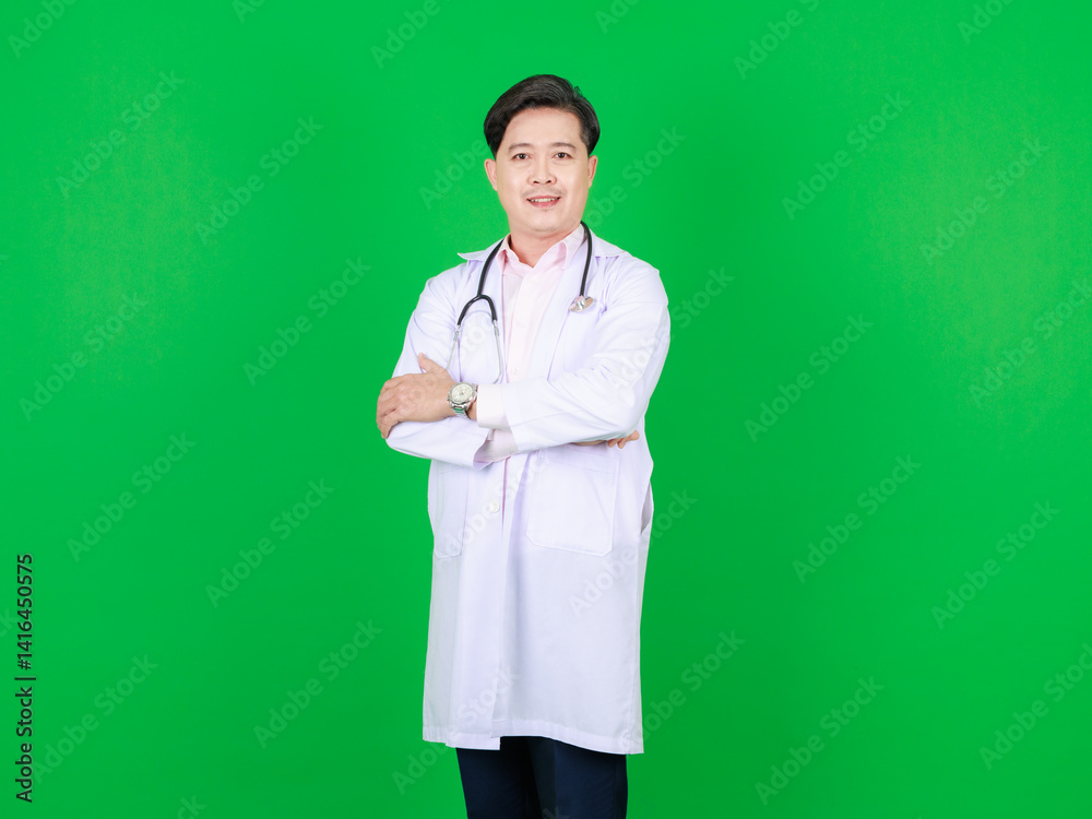 Portrait of asian middle aged confident man doctor in white coat with stethoscope standing posing cross arms looking at camera on green background, Consultation healthcare professional concept.