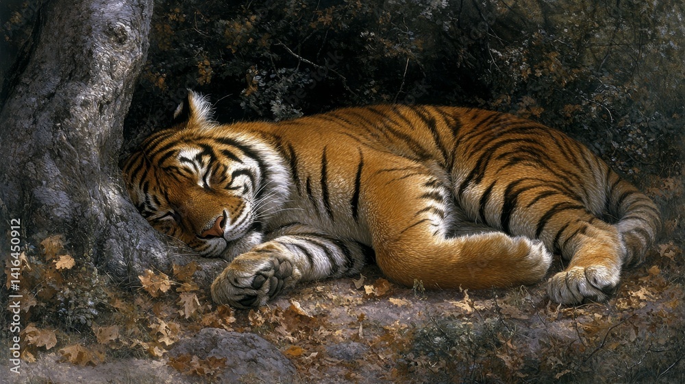 Obraz premium Captured moment of tranquil serenity a peaceful slumber of a tiger enveloped by the comforting embrace of nature's foliage wildlife art illustration