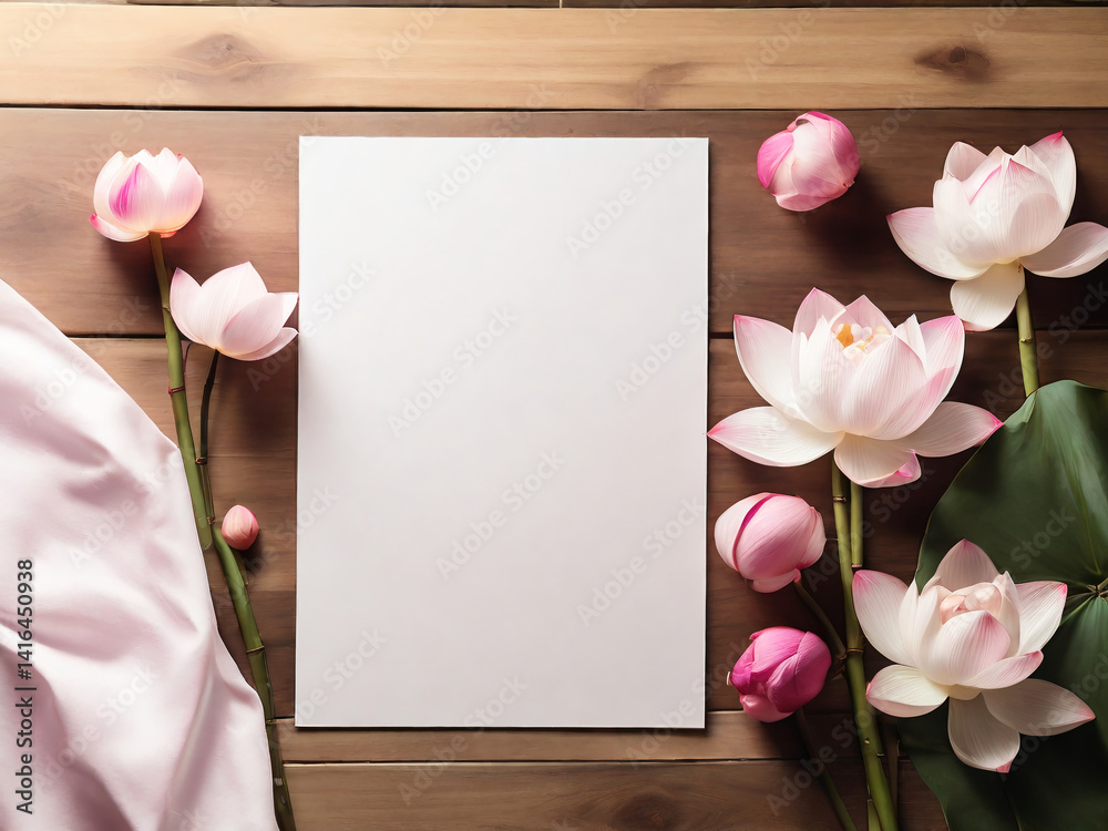 Obraz premium Pink lotus flowers on wooden surface with a paper ,AI generated