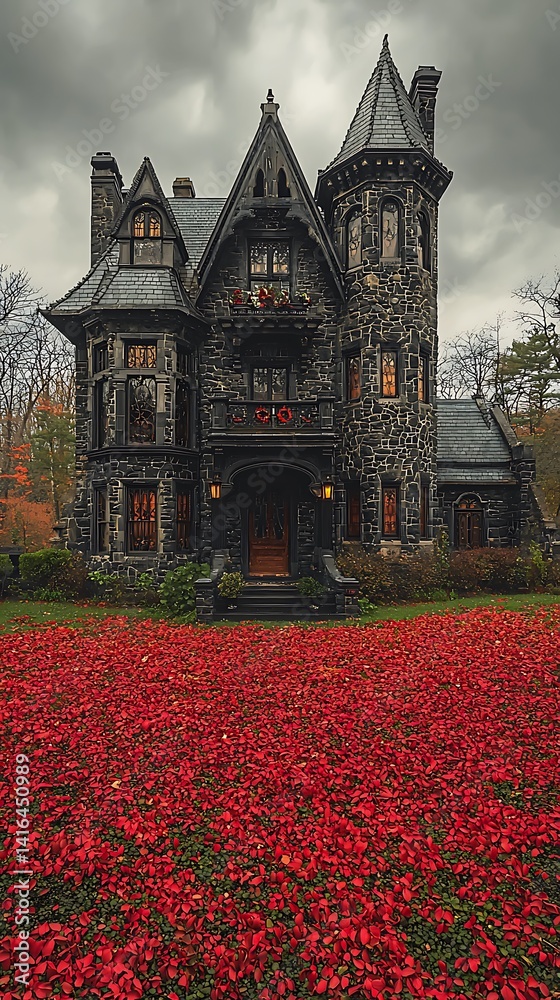 Obraz premium Dark Gothic Stone House Autumn Leaves