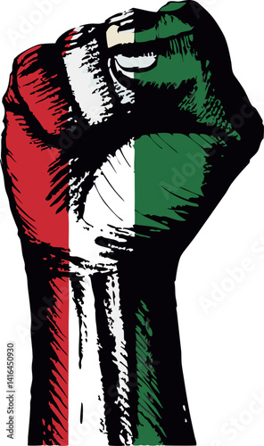 Clenched fist with Palestine insignia — vector illustration of strength and identity.
