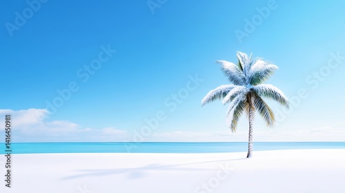 Winter's Embrace on a Tropical Shore - A surreal winter scene: a snow-covered coconut palm tree stands solitary on a pristine white beach