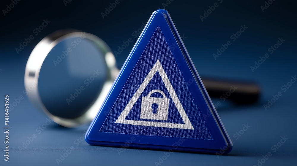 A triangular blue safety sign featuring a lock symbol, placed next to a magnifying glass, symbolizing security and diligence in a professional setting.