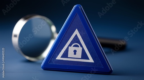 Obraz na płótnie A triangular blue safety sign featuring a lock symbol, placed next to a magnifying glass, symbolizing security and diligence in a professional setting. w salonie