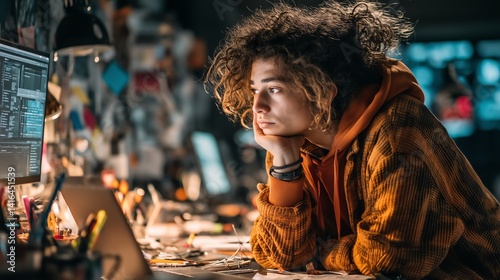 A thoughtful young adult with curly hair sitting at a cluttered desk, gazing intently at a computer screen, embodying creativity and focus in a casual indoor workspace.
