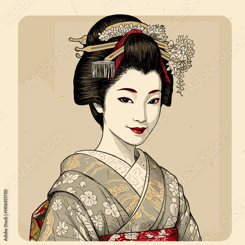 Traditional Geisha Portrait with Elegant Kimono on Neutral Background  