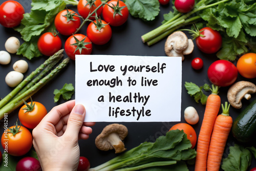 person holding a sign that says love yourself enough to live a healthy lifestyle